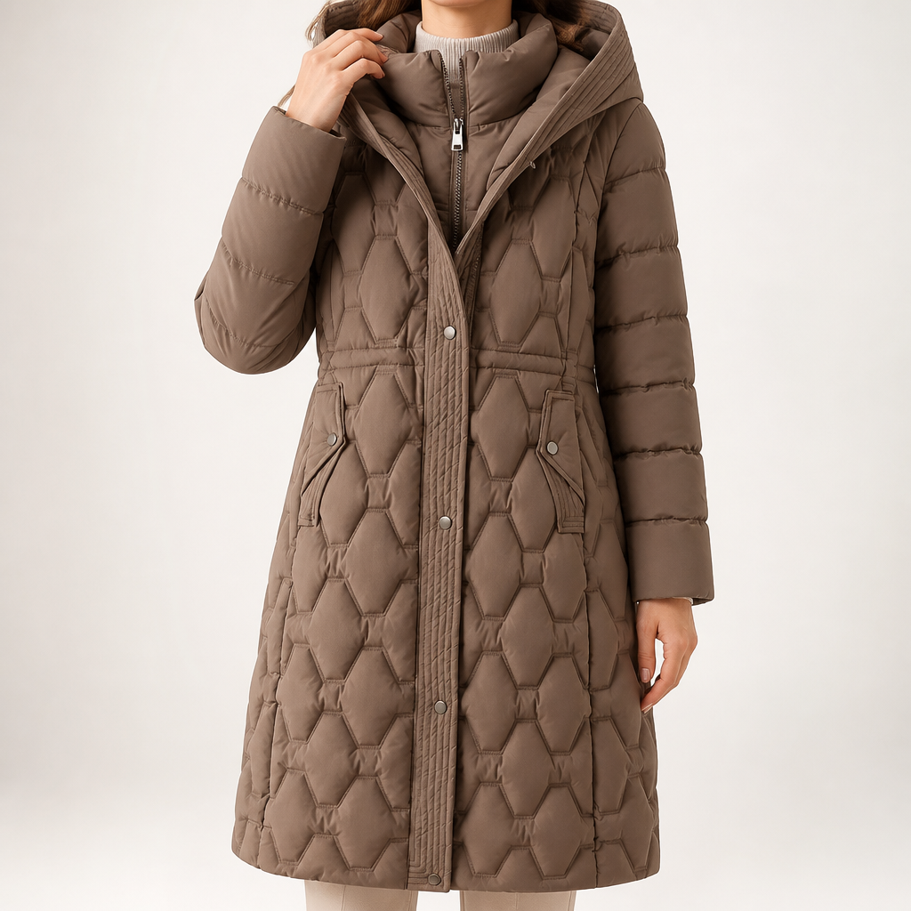 Erin | Womens Long Puffer Coat Padded Waist Cinching Warm Winter Jacket, Brown