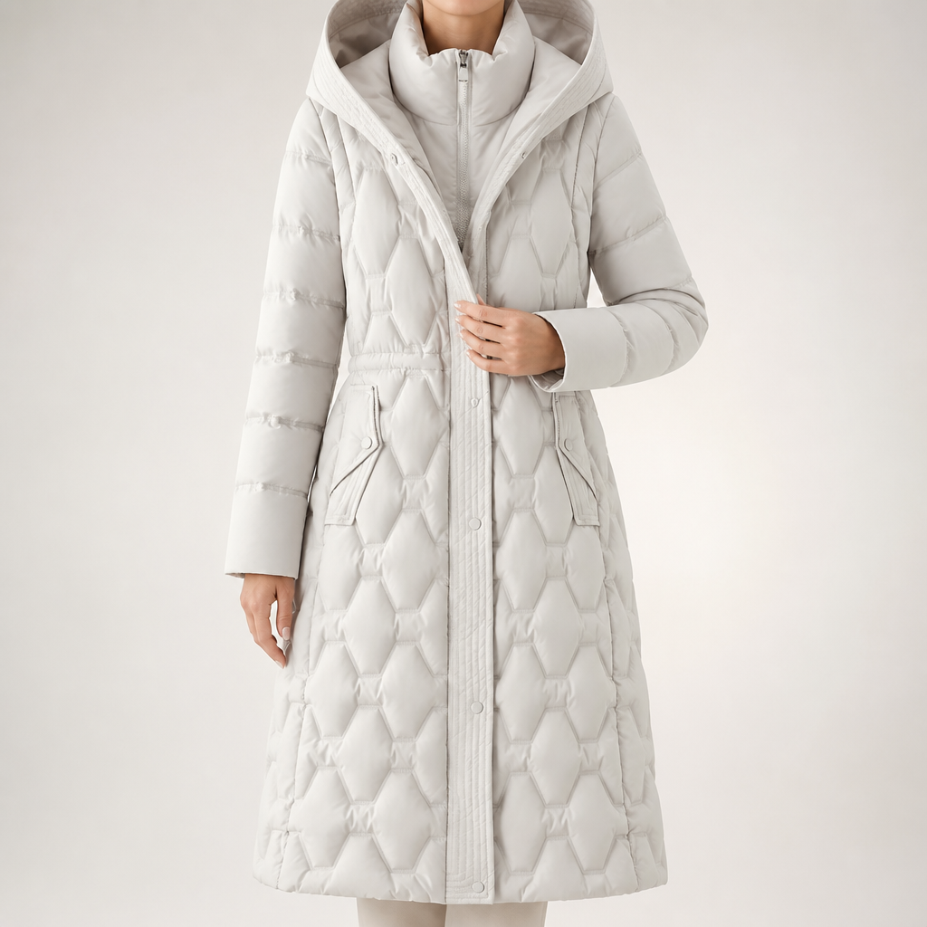 Erin | Womens Long Puffer Coat Padded Waist Cinching Warm Winter Jacket, Off White