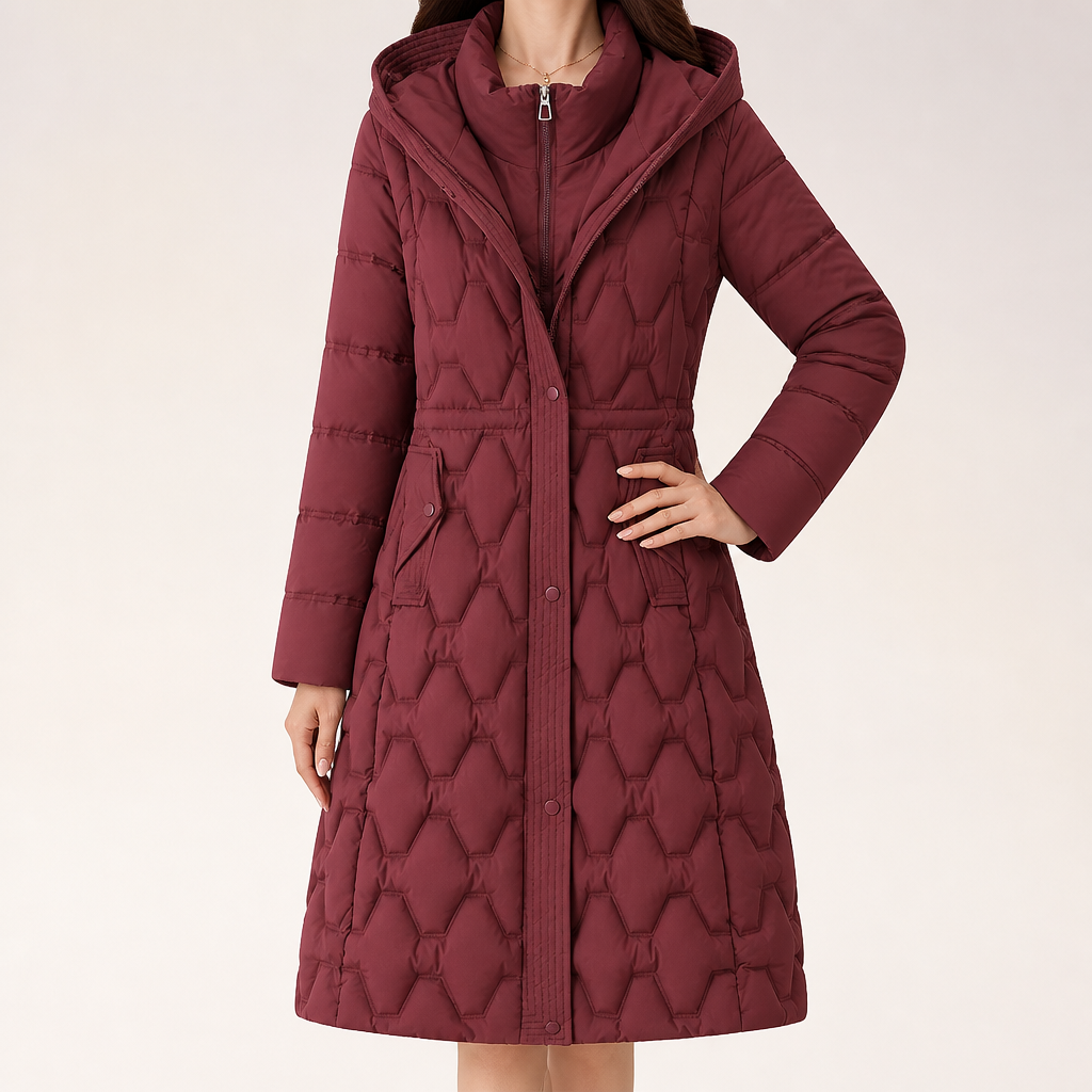 Erin | Womens Long Puffer Coat Padded Waist Cinching Warm Winter Jacket, Red