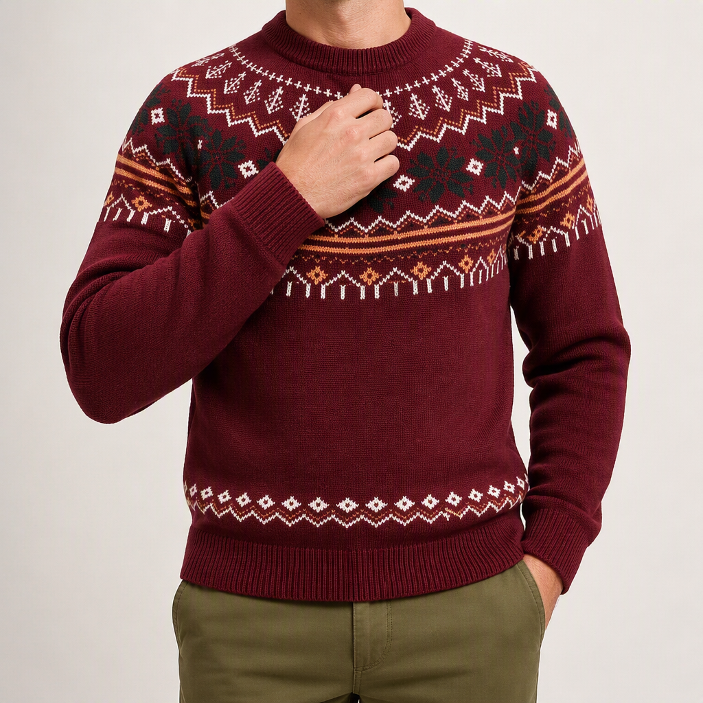 Ernest | Mens Round Neck Knit Winter Pullover Sweater, Red