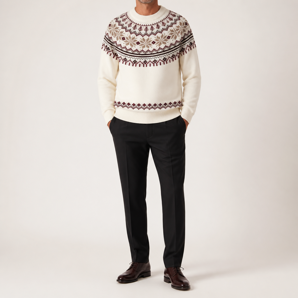 Ernest | Mens Round Neck Knit Winter Pullover Sweater, White