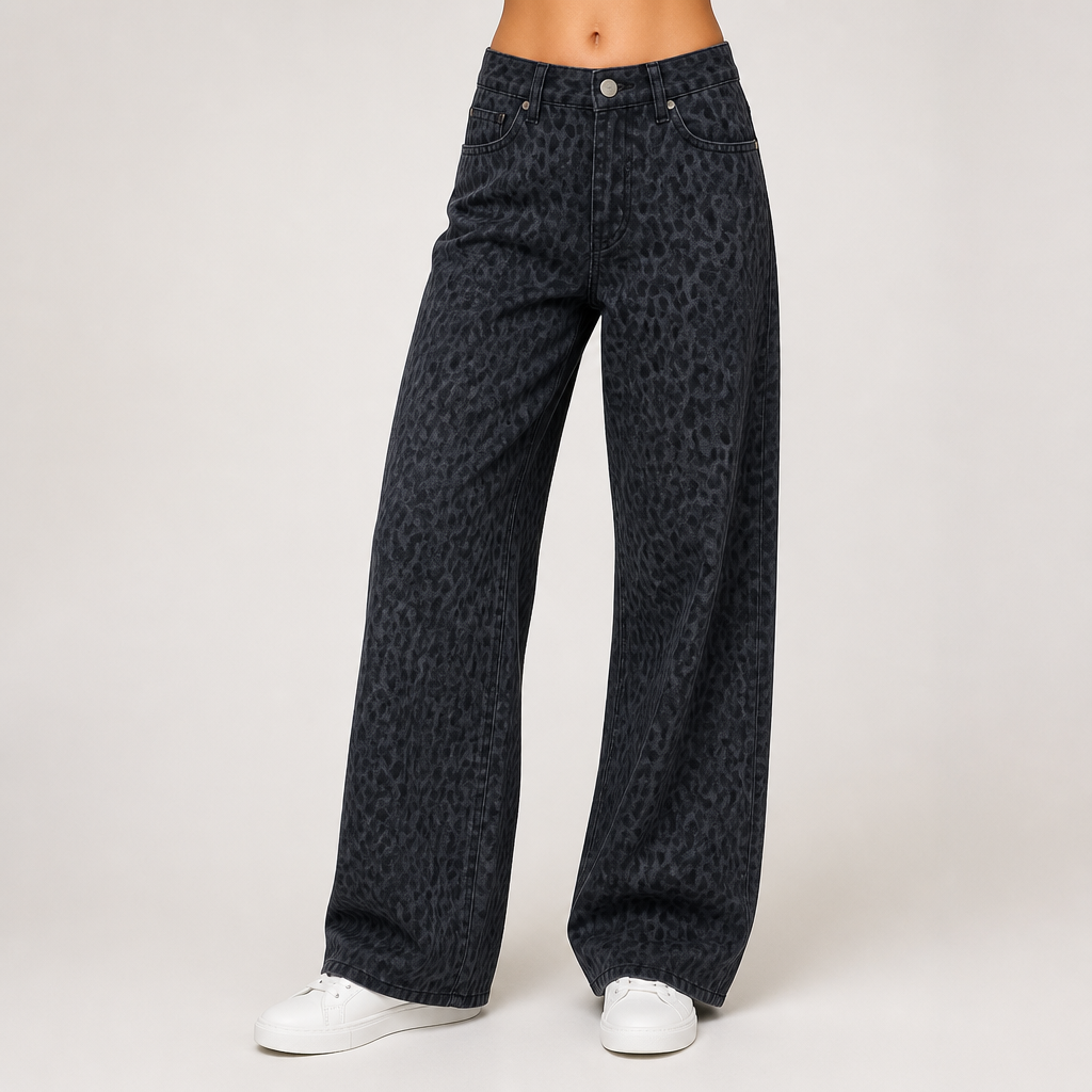 Esmee | Womens Wide Leg Jeans High Waisted Leopard Print Straight Leg Denim, Gray