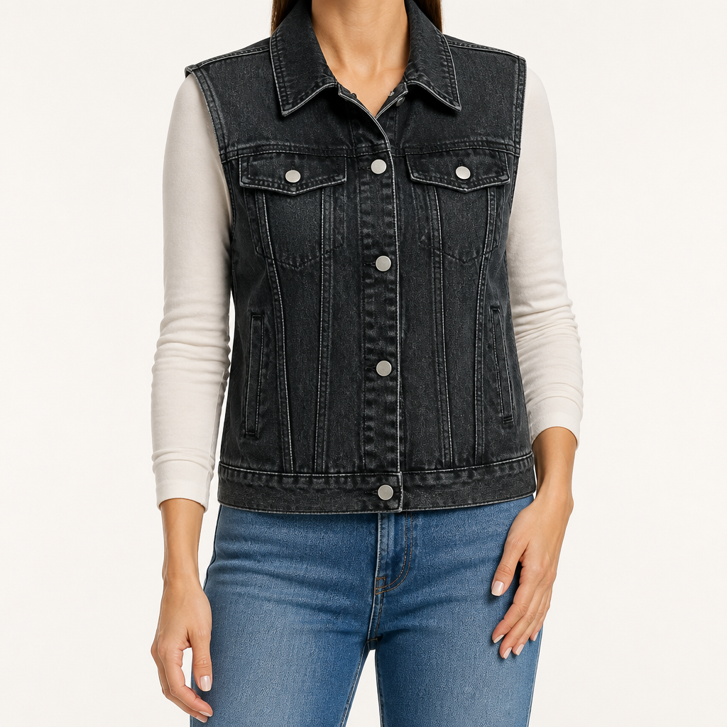 Etta | Womens Hooded Denim Vest, Charcoal Grey