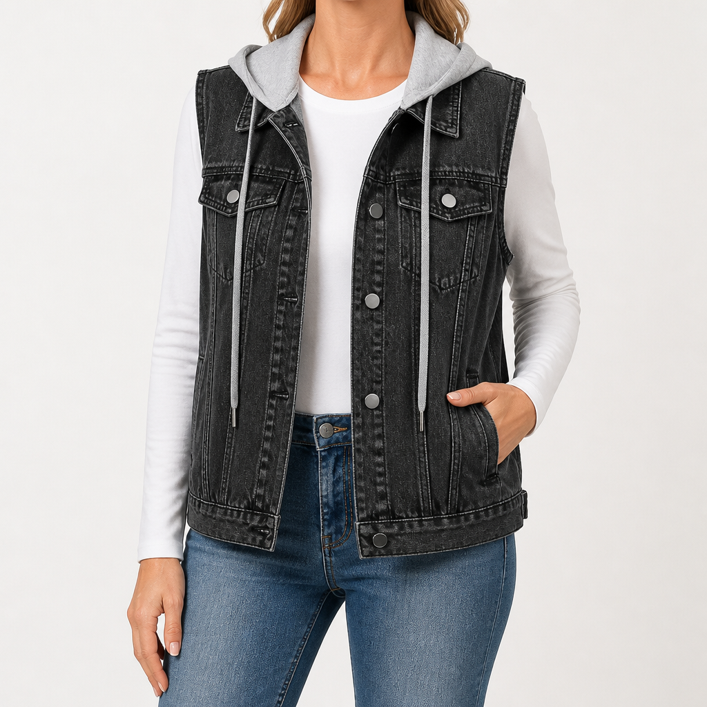 Etta | Womens Hooded Denim Vest, Charcoal Grey 2