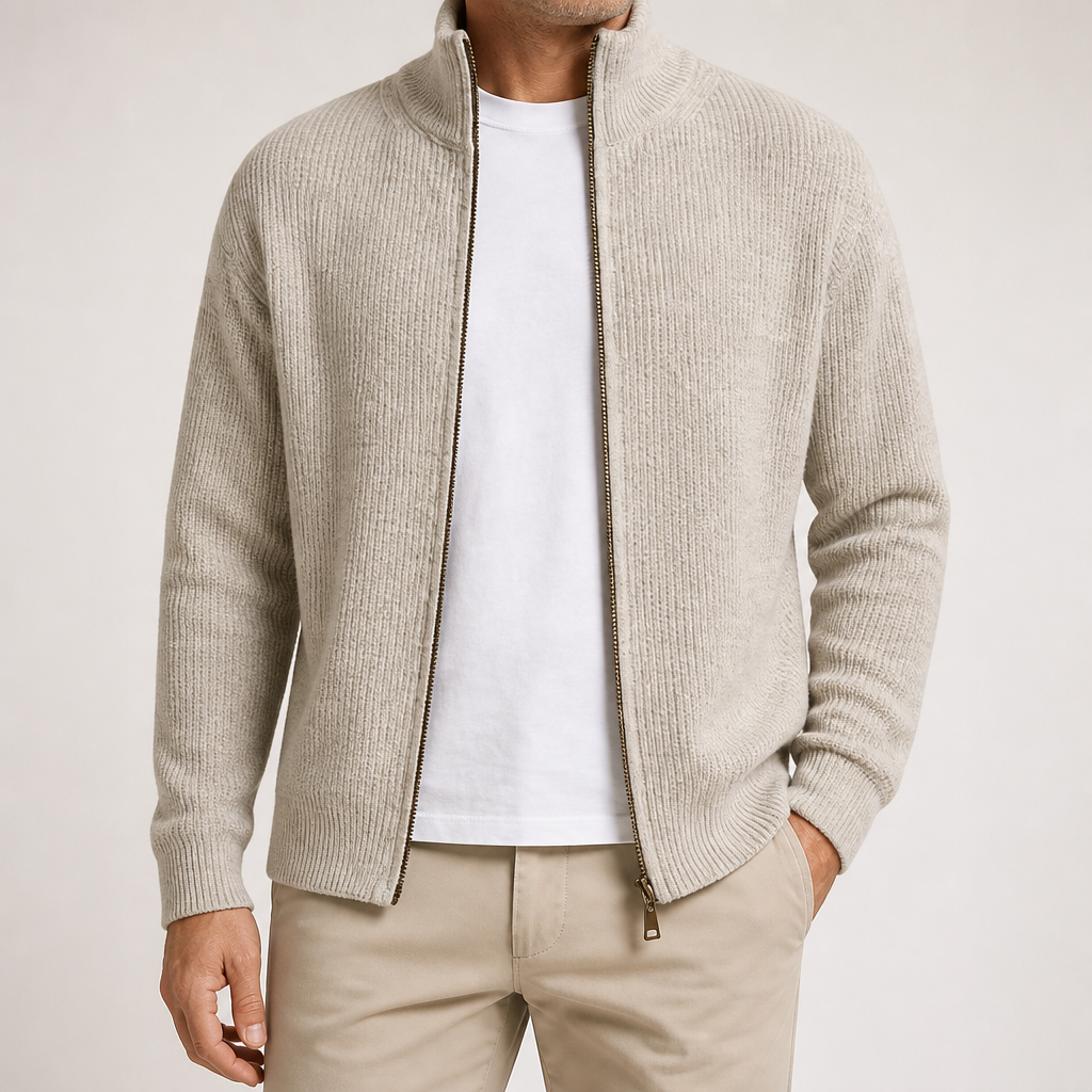Eugene | Mens Cardigan Sweater Zip Knit Stand Collar Casual Jacket, White