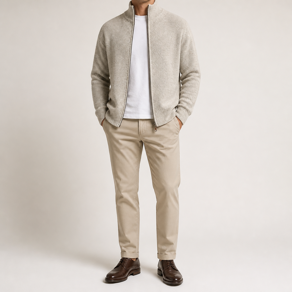 Eugene | Mens Cardigan Sweater Zip Knit Stand Collar Casual Jacket, White