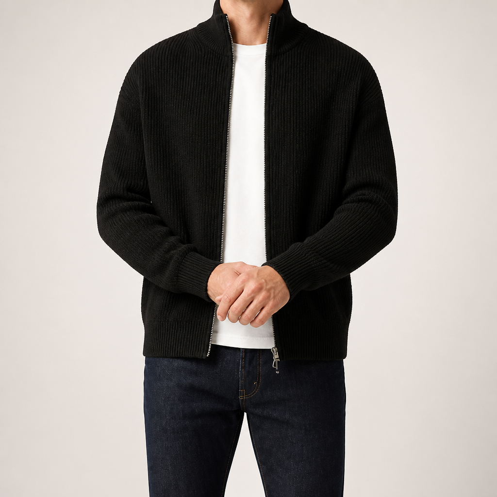 Eugene | Mens Cardigan Sweater Zip Knit Stand Collar Casual Jacket, Black