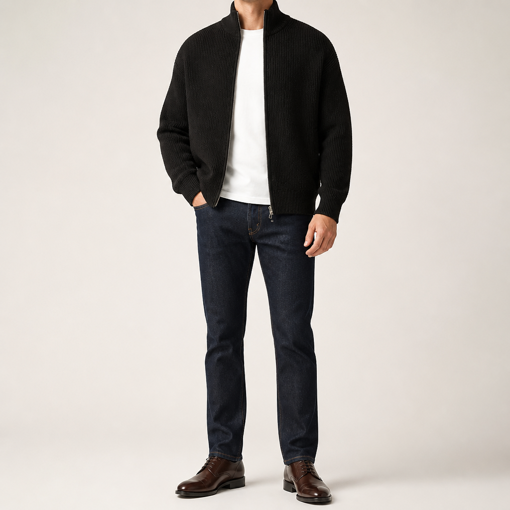 Eugene | Mens Cardigan Sweater Zip Knit Stand Collar Casual Jacket, Black