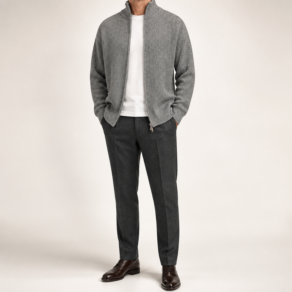 Eugene | Mens Cardigan Sweater Zip Knit Stand Collar Casual Jacket, Grey