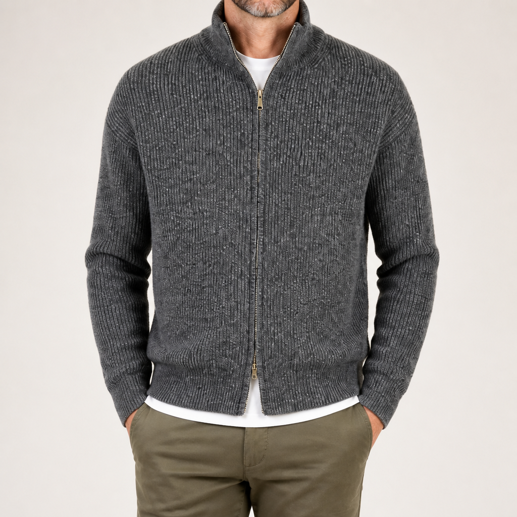 Eugene | Mens Cardigan Sweater Zip Knit Stand Collar Casual Jacket, Heather Grey
