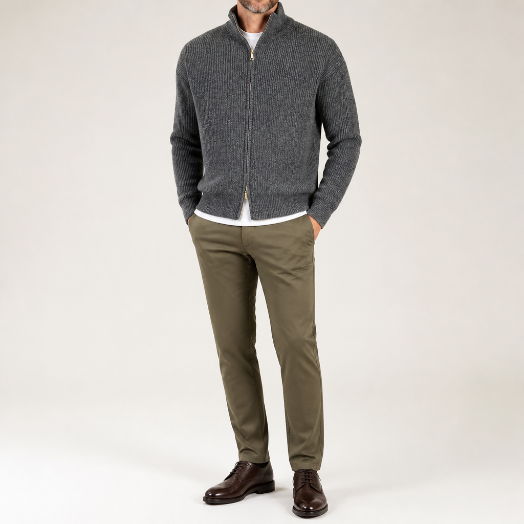 Eugene | Mens Cardigan Sweater Zip Knit Stand Collar Casual Jacket, Heather Grey