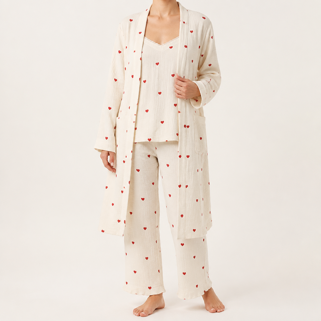 Eugenia | Womens Cotton Heart Print Loungewear Pajama Set, Ivory