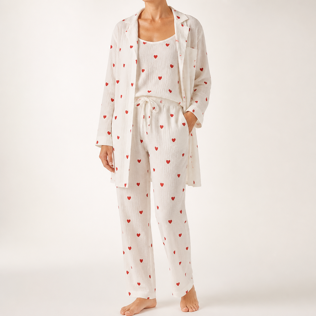 Eugenia | Womens Cotton Heart Print Loungewear Pajama Set, Apricot 2