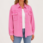 Evangelina | Womens Longline Distressed Denim Jacket, Pink