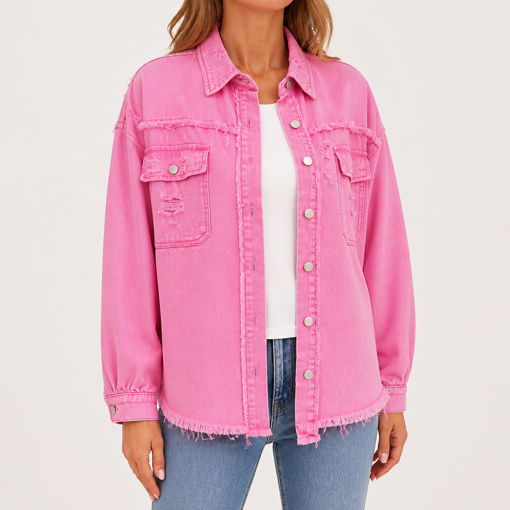 Evangelina | Womens Longline Distressed Denim Jacket, Pink