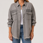 Evangelina | Womens Longline Distressed Denim Jacket, Light Grey