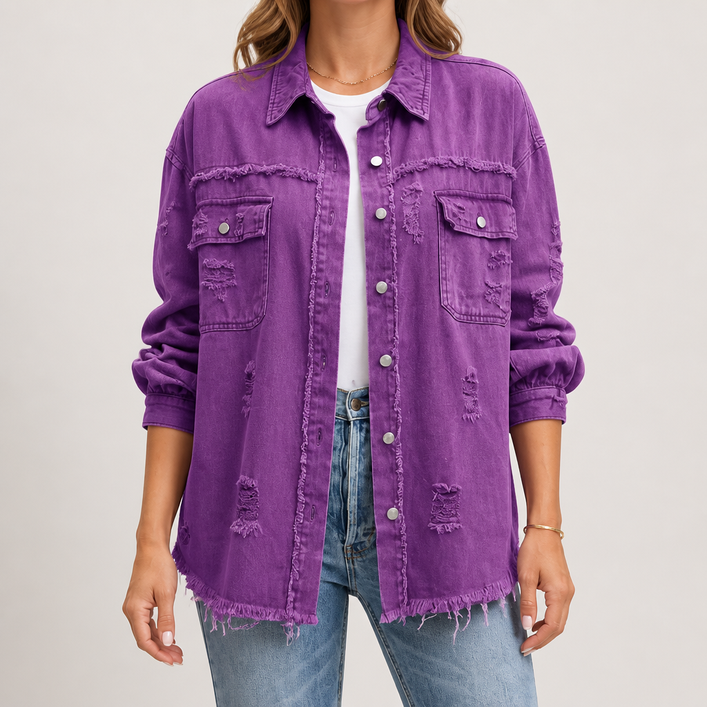 Evangelina | Womens Longline Distressed Denim Jacket, Grape Purple