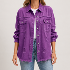 Evangelina | Womens Longline Distressed Denim Jacket, Grape Purple