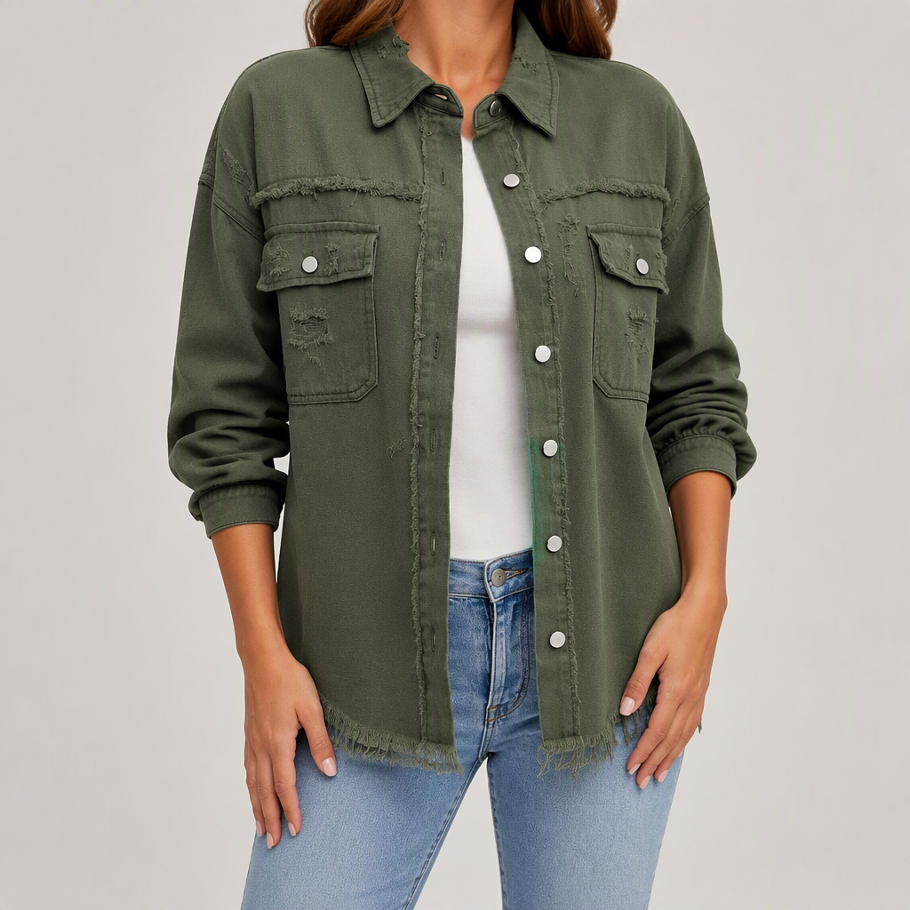 Evangelina | Womens Longline Distressed Denim Jacket, Army Green