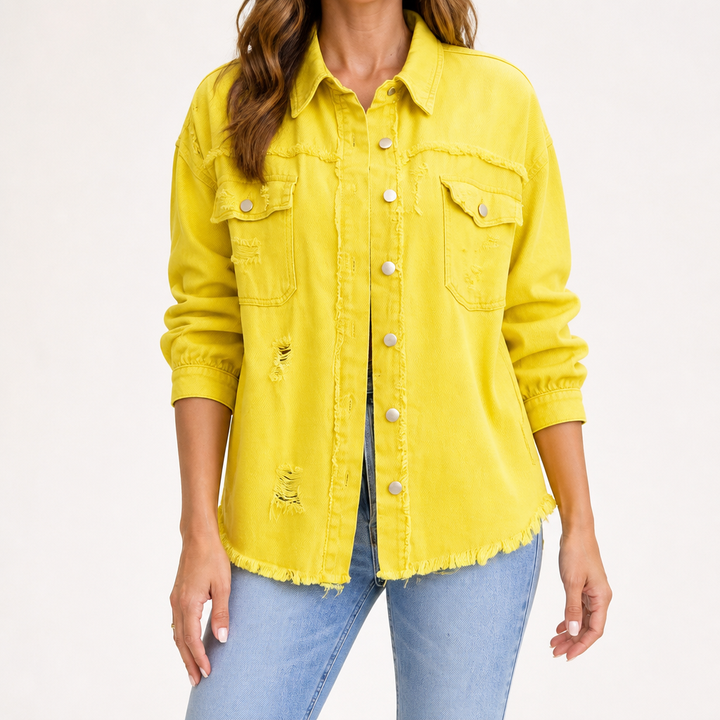 Evangelina | Womens Longline Distressed Denim Jacket, Yellow
