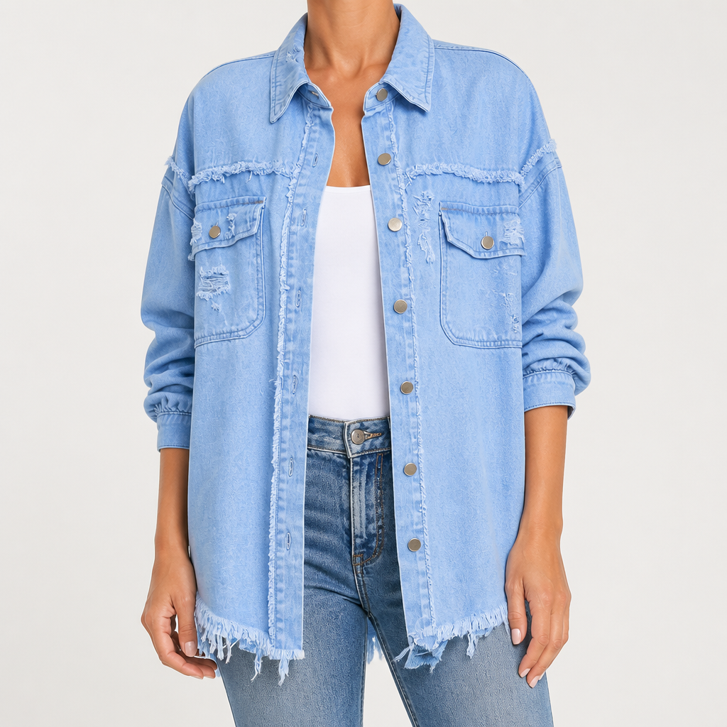 Evangelina | Womens Longline Distressed Denim Jacket, Sky Blue