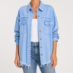 Evangelina | Womens Longline Distressed Denim Jacket, Sky Blue