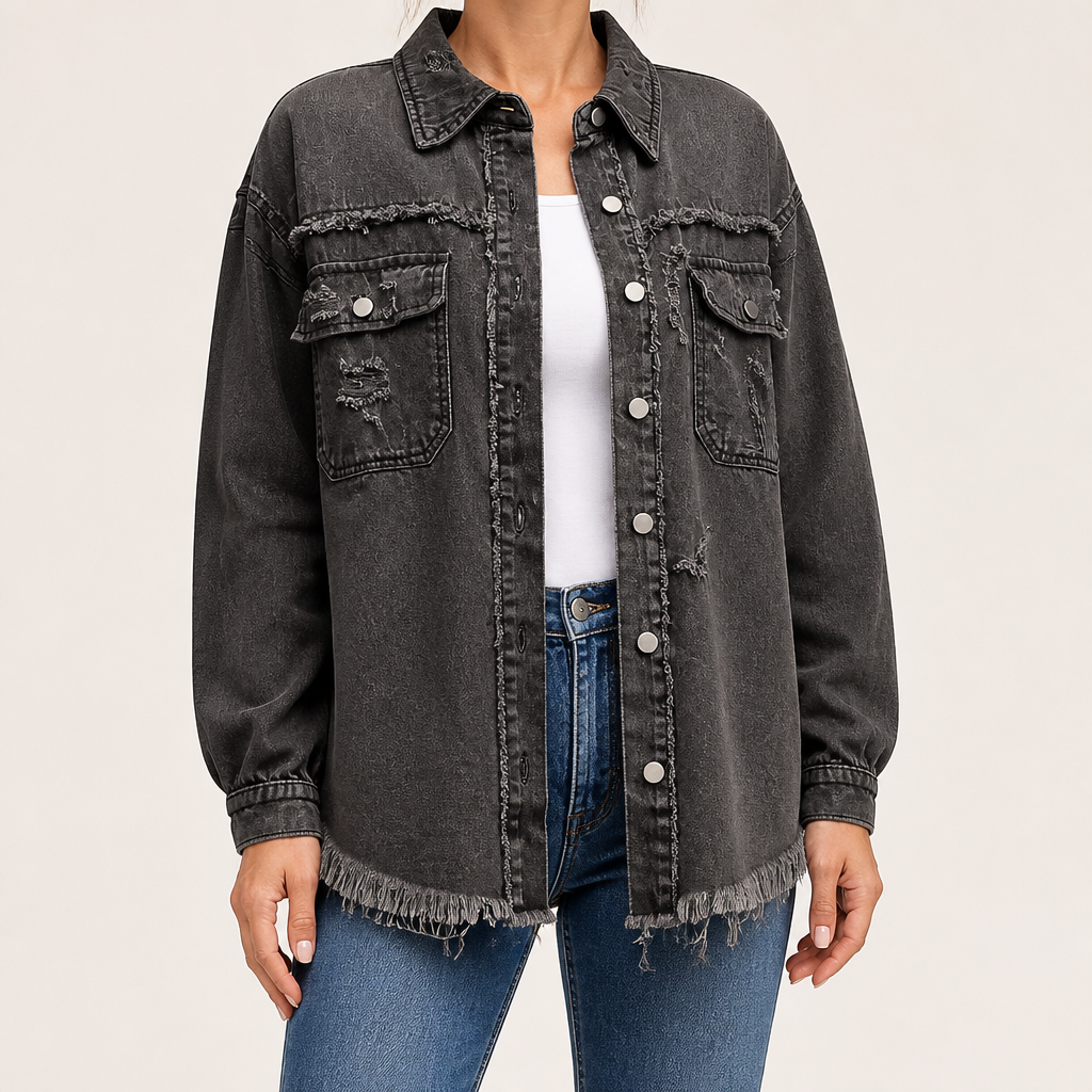 Evangelina | Womens Longline Distressed Denim Jacket, Dark Grey
