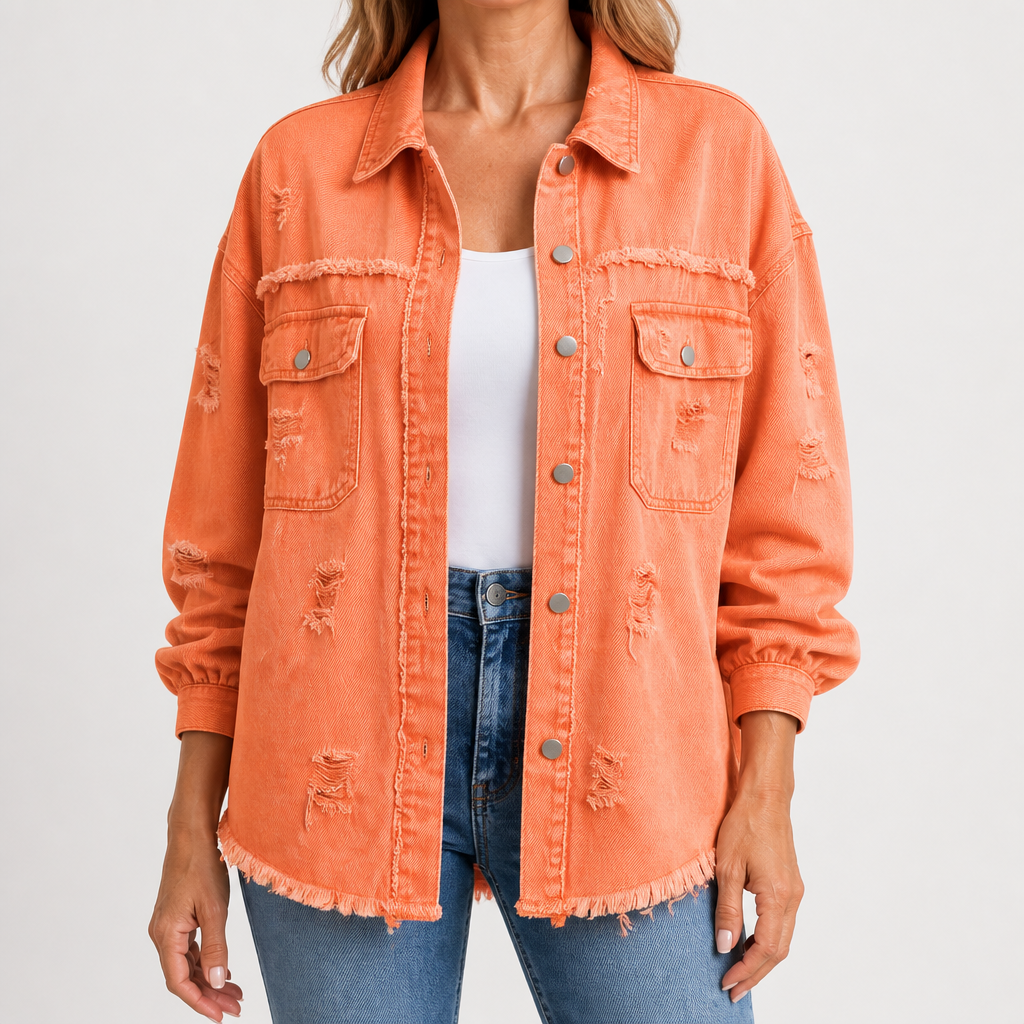 Evangelina | Womens Longline Distressed Denim Jacket, Orange