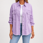 Evangelina | Womens Longline Distressed Denim Jacket, Light Purple