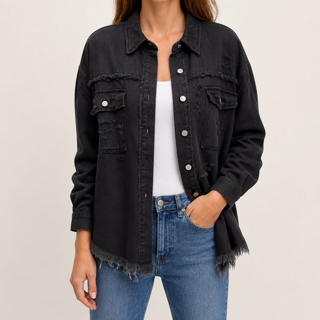 Evangelina | Womens Longline Distressed Denim Jacket, Black