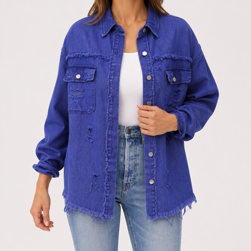 Evangelina | Womens Longline Distressed Denim Jacket, Blue