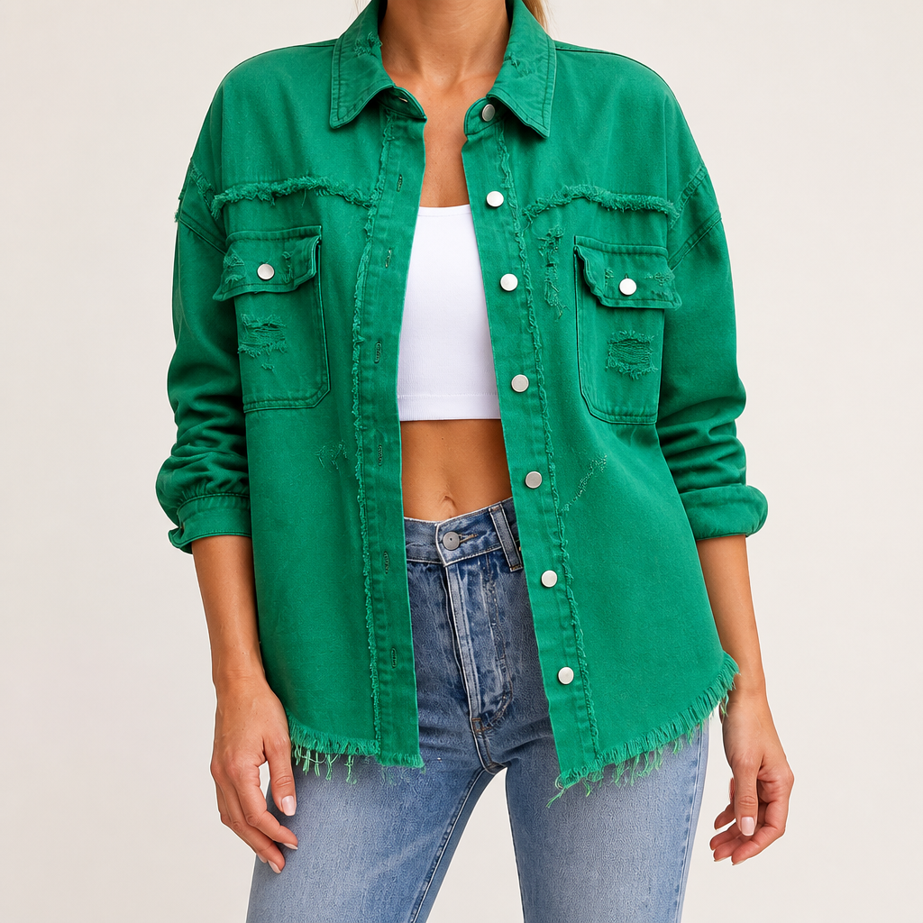 Evangelina | Womens Longline Distressed Denim Jacket, Green