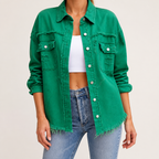 Evangelina | Womens Longline Distressed Denim Jacket, Green