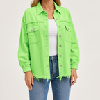 Evangelina | Womens Longline Distressed Denim Jacket, Apple Green