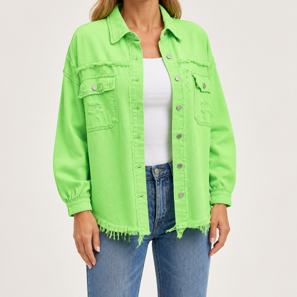 Evangelina | Womens Longline Distressed Denim Jacket, Apple Green