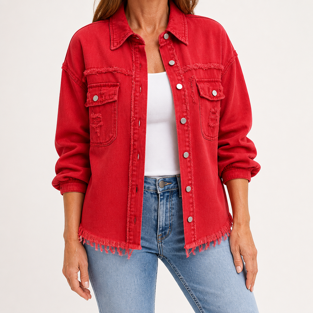 Evangelina | Womens Longline Distressed Denim Jacket, Red