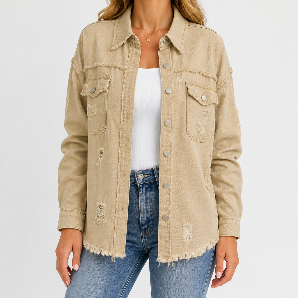 Evangelina | Womens Longline Distressed Denim Jacket, Khaki