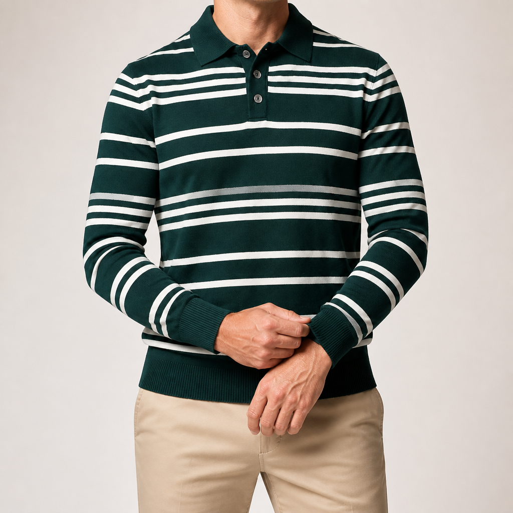 Everett | Mens Striped Polo Knitted Jumper, Dark Green