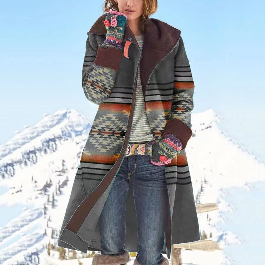 Farrah | Womens Printed Faux Fur Collar Long Wool Coat - 6