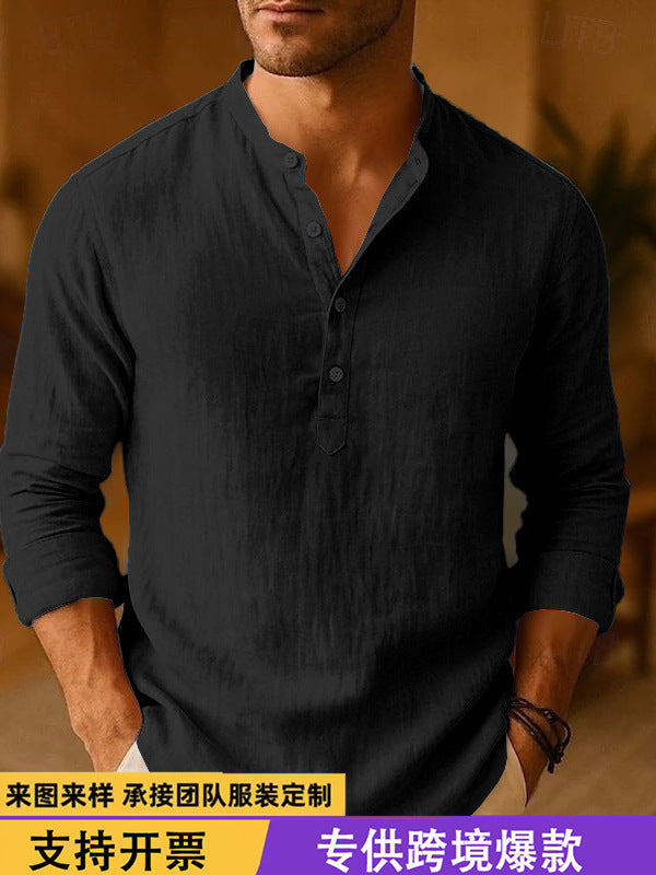 Faye | Mens Cotton Linen Long Sleeve Stand Collar Shirt - 1