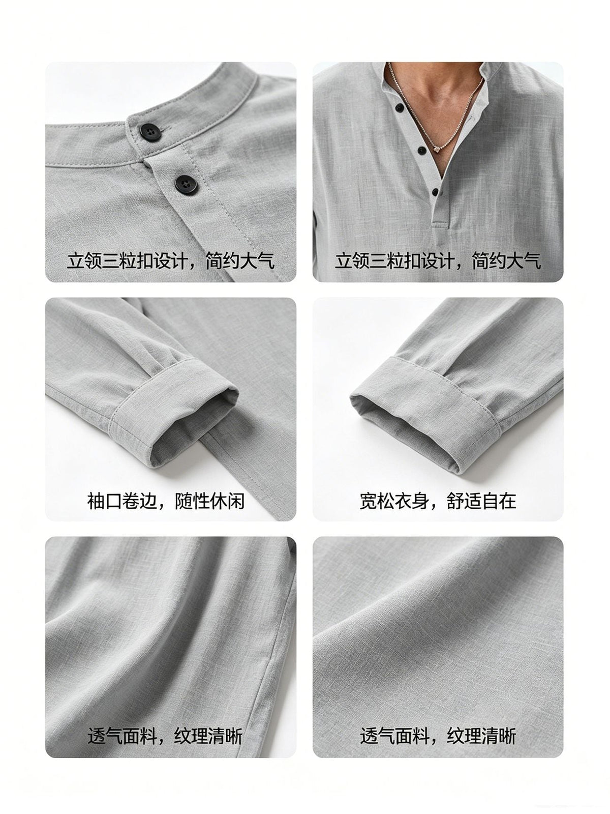 Faye | Mens Cotton Linen Long Sleeve Stand Collar Shirt - 2