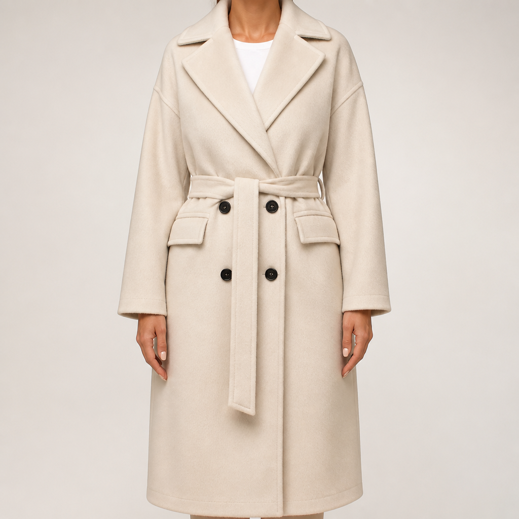 Fern | Womens Longline Lapel Winter Black Wool Coat, Apricot