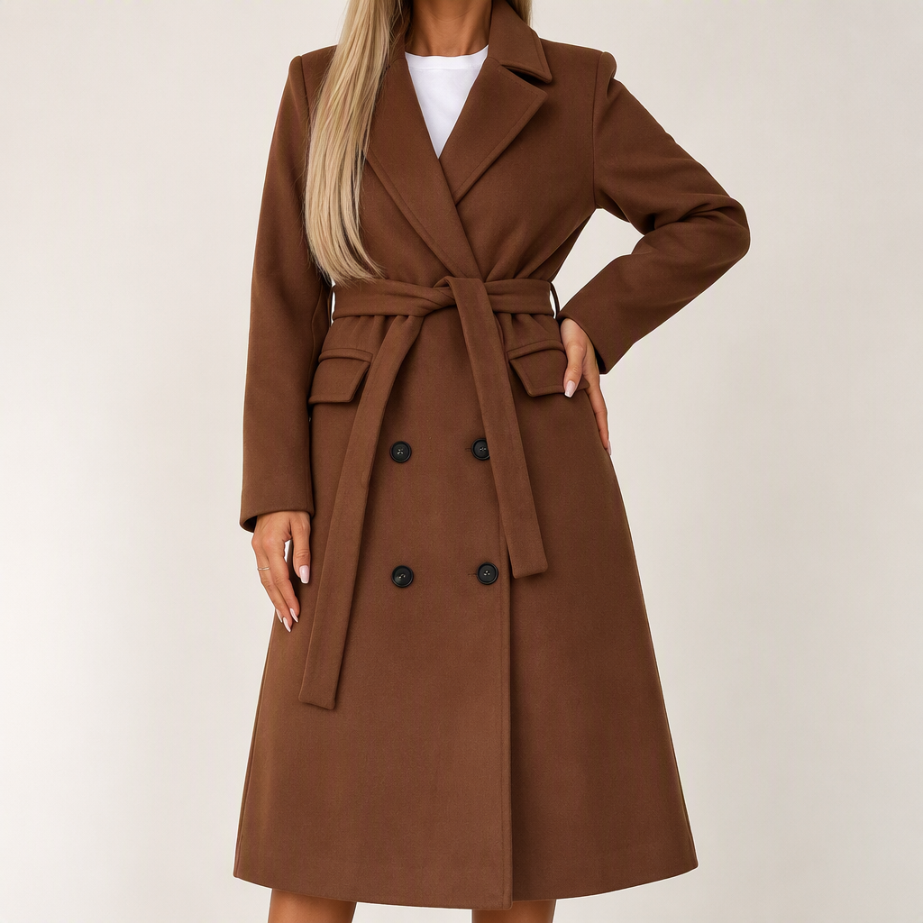 Fern | Womens Longline Lapel Winter Black Wool Coat, Brown