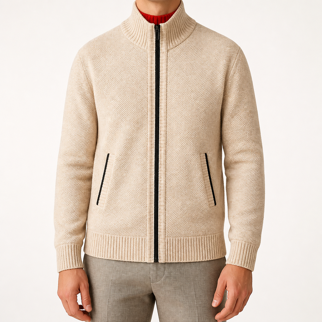 Forrest | Mens Zip Up Knitted Cardigan Sweater Casual Knitwear, Beige