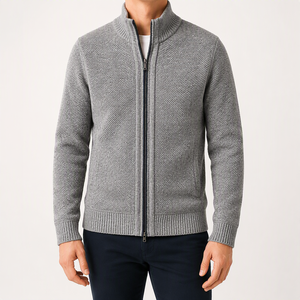 Forrest | Mens Zip Up Knitted Cardigan Sweater Casual Knitwear, Light Grey