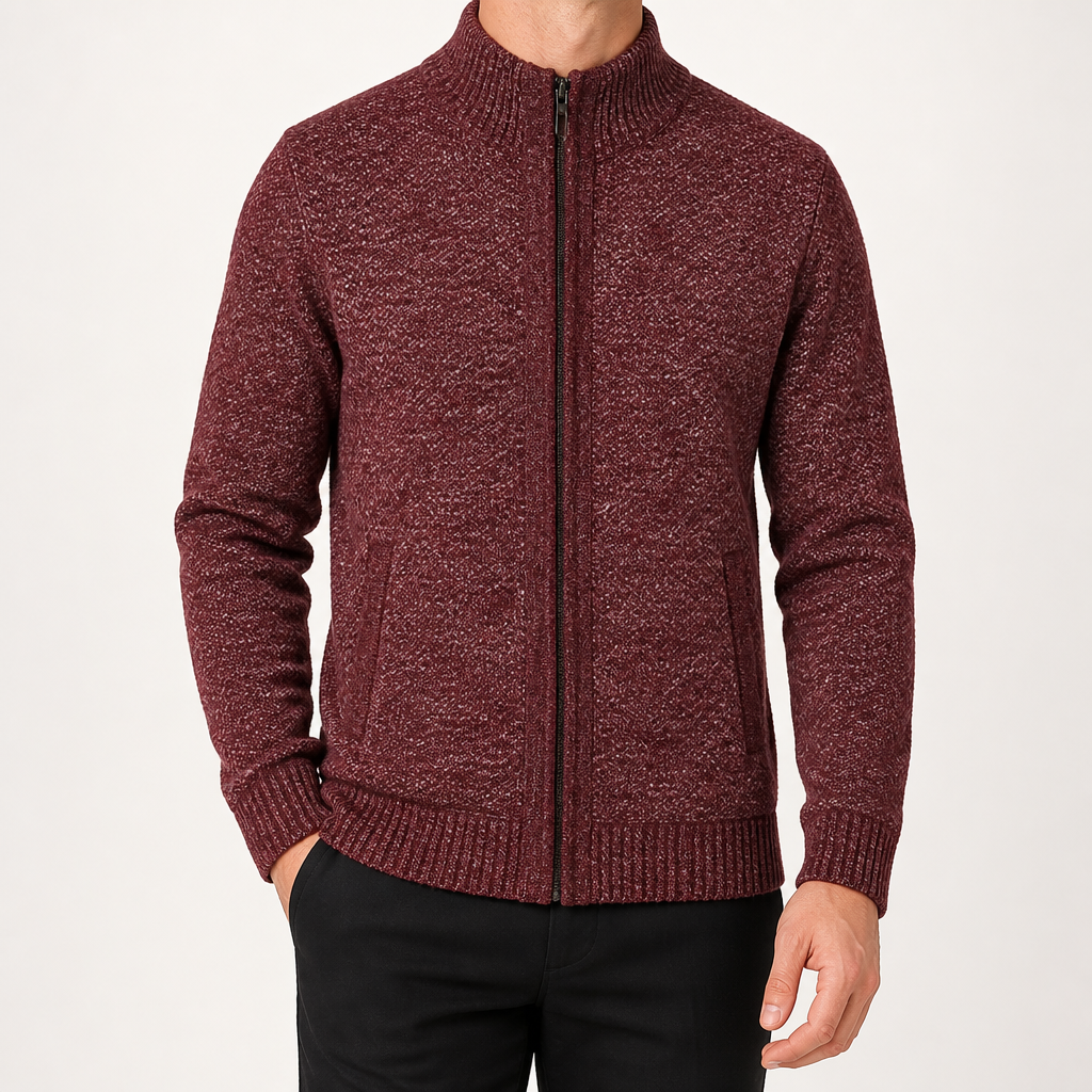Forrest | Mens Zip Up Knitted Cardigan Sweater Casual Knitwear, Wine Red