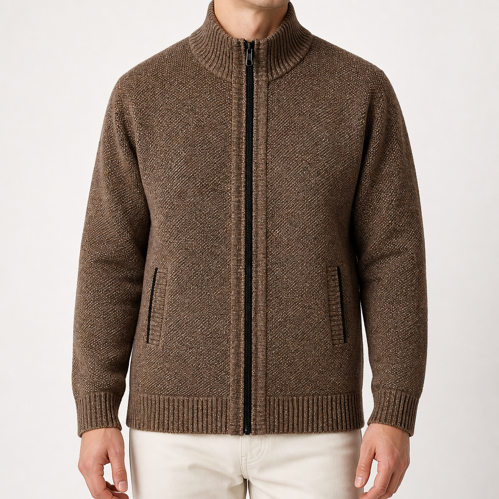 Forrest | Mens Zip Up Knitted Cardigan Sweater Casual Knitwear, Brown