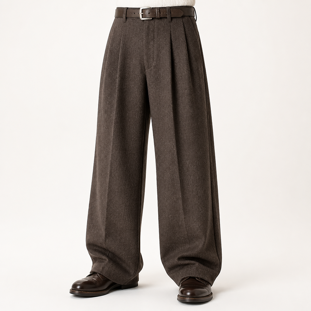 Frank | Mens Wide Leg Pleated Double Drape Casual Smart Pants, Brown