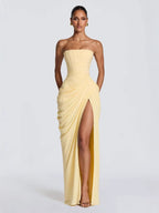 Freya | Womens Strapless Pleated Slit Maxi Wedding Guest Black Tie Summer Dresses - 2
