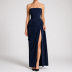 Freya | Womens Strapless Pleated Slit Maxi Wedding Guest Black Tie Summer Dresses, Dark Blue